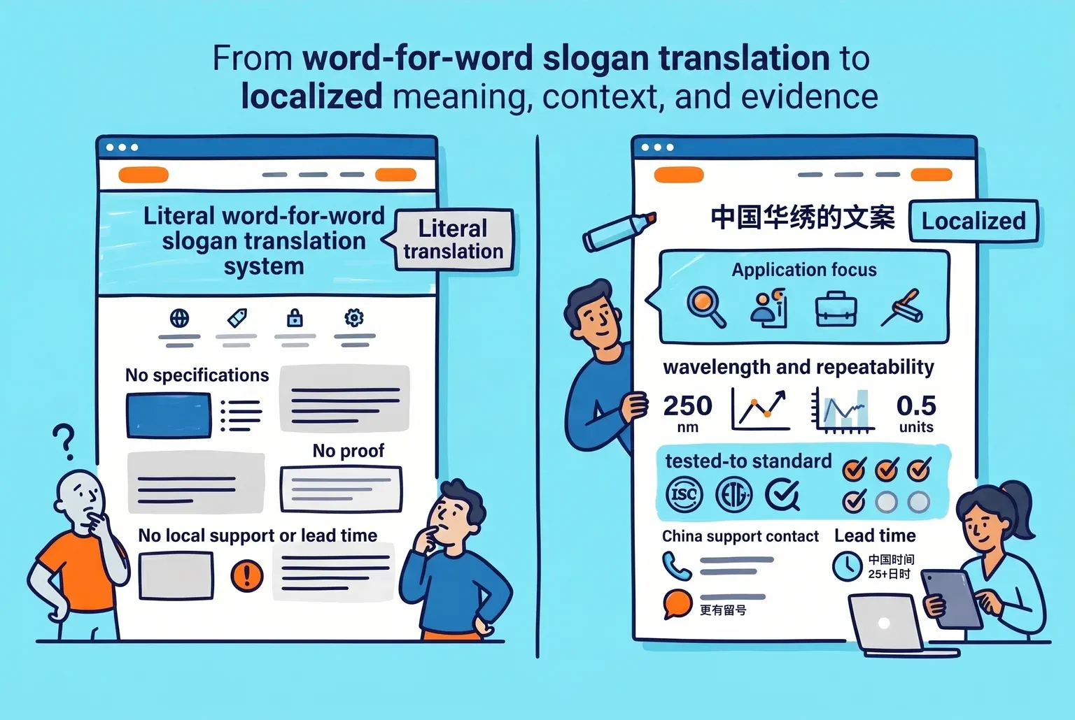 Localization is not translation: the right page wins the buyer by answering application, terminology, and proof questions the slogan ignores.