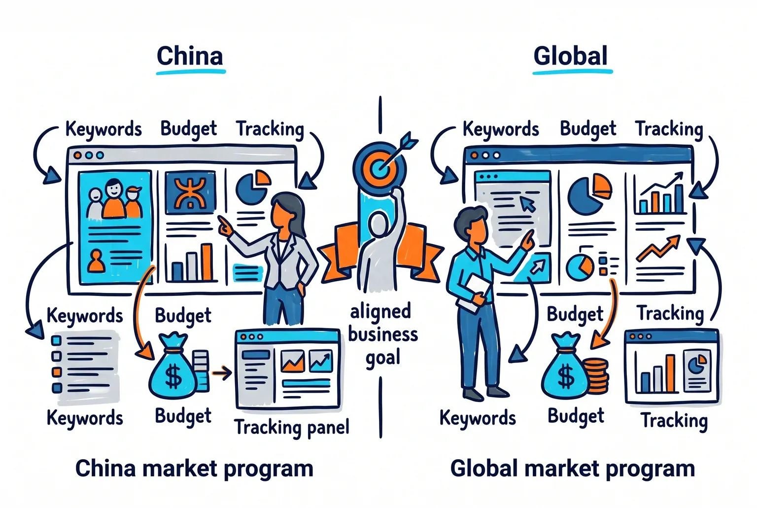Run China and Global as two separate programs with distinct keywords, budgets, and tracking, joined only by one shared business goal.